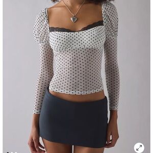 Kimchi Blue White Long Sleeve Polka Dot Top with Black Lace Trim